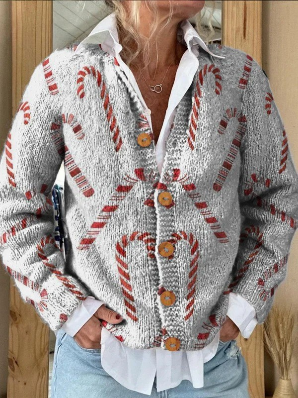 Festive Candy Cane Decorative Pattern Buttoned Cardigan Sweater