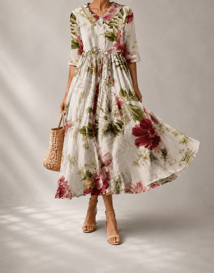 NANCY -  Vintage Lace-Up Waisted Floral Dress